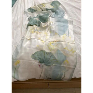 Women's Silk Green  Lotus Leaves Long Scarf Shawl for Head Neck and Hair Wrap